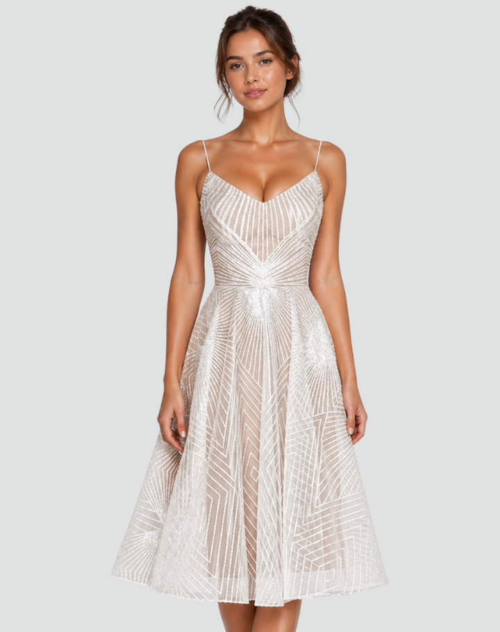 Embroidered midi cocktail dress with straps and open back