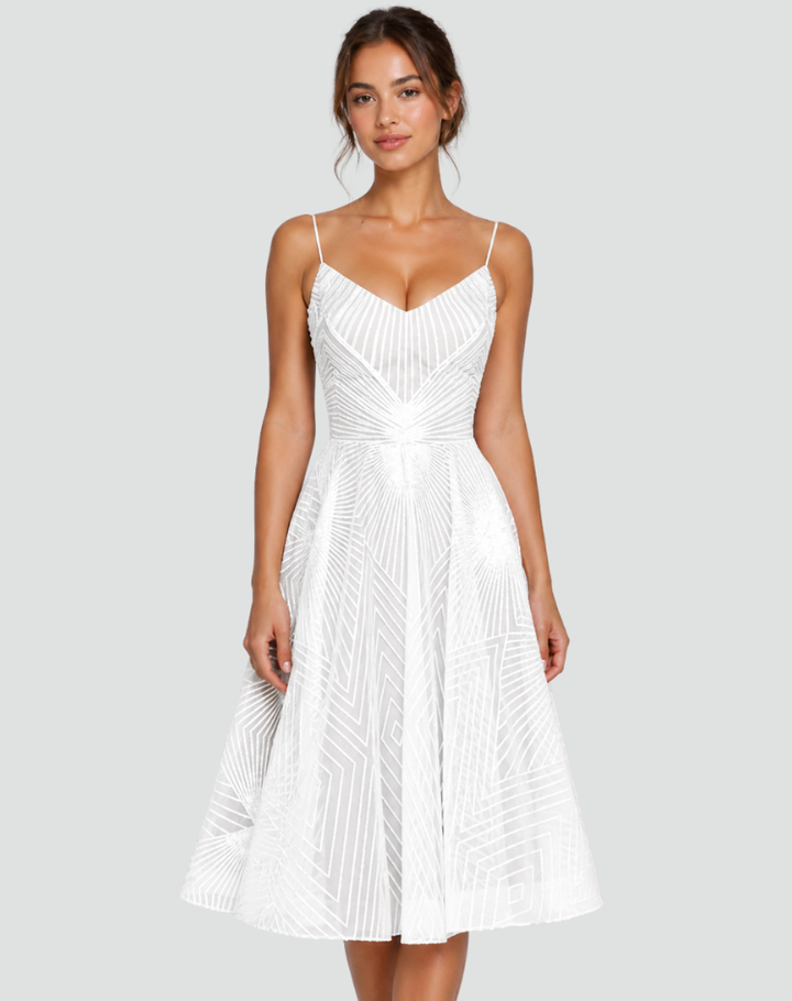 Embroidered midi cocktail dress with straps and open back
