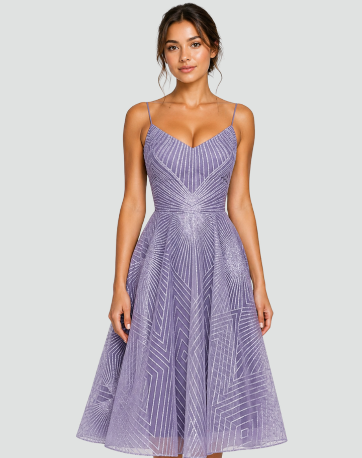 Embroidered midi cocktail dress with straps and open back