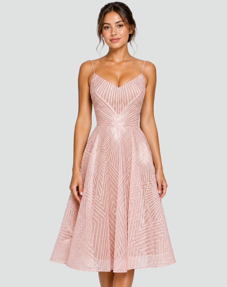 Embroidered midi cocktail dress with straps and open back