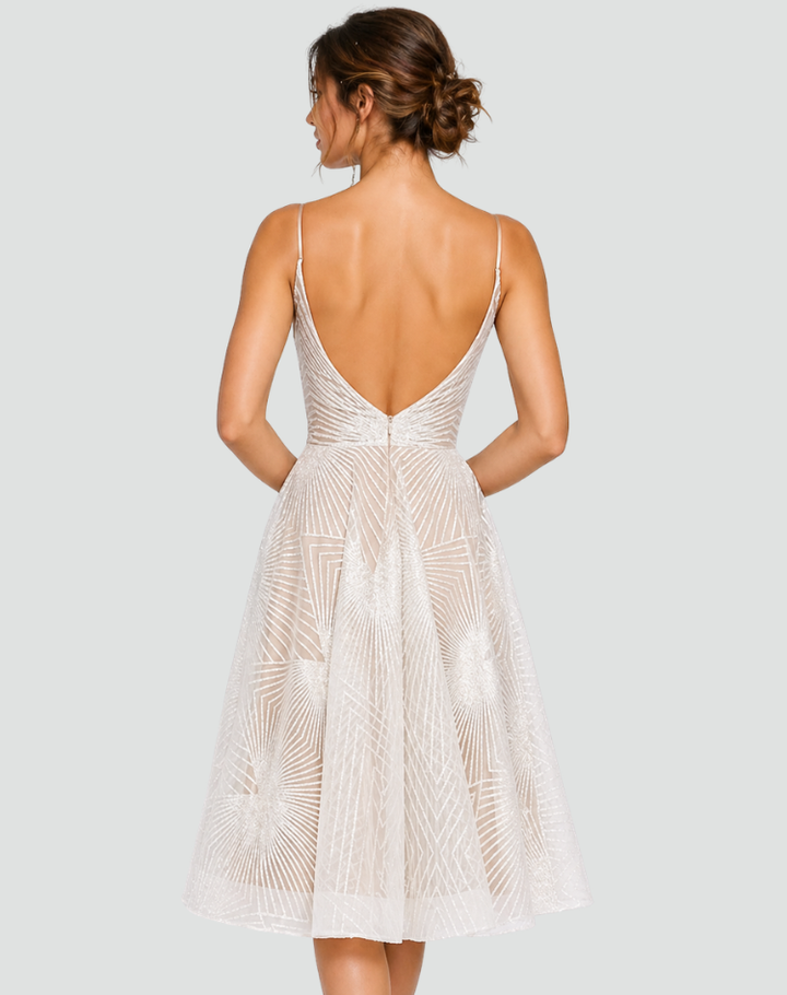Embroidered midi cocktail dress with straps and open back