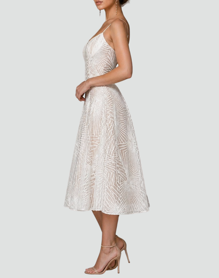 Embroidered midi cocktail dress with straps and open back