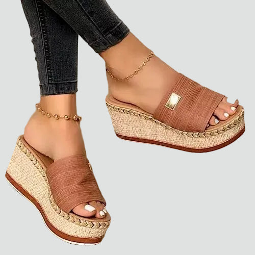 Orthopedic wedge slides for women with woven sole