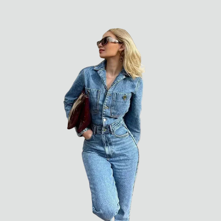 Combinaison féminine en jean ajustée en denim à manches longues décontractée