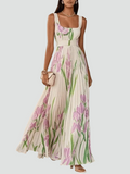 Pleated sleeveless maxi dress with floral print and square neckline for a wedding