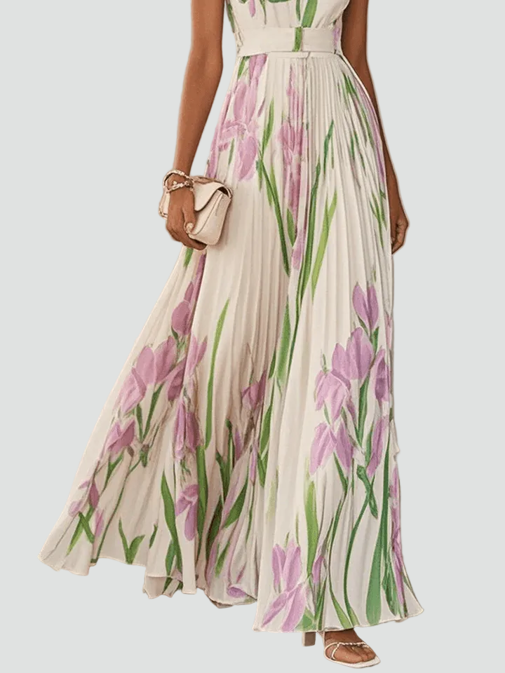 Plisowana sukienka maxi bez rękawów na wesele w kwiaty z dekoltem kwadratowym