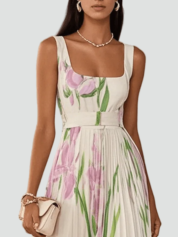 Plisowana sukienka maxi bez rękawów na wesele w kwiaty z dekoltem kwadratowym