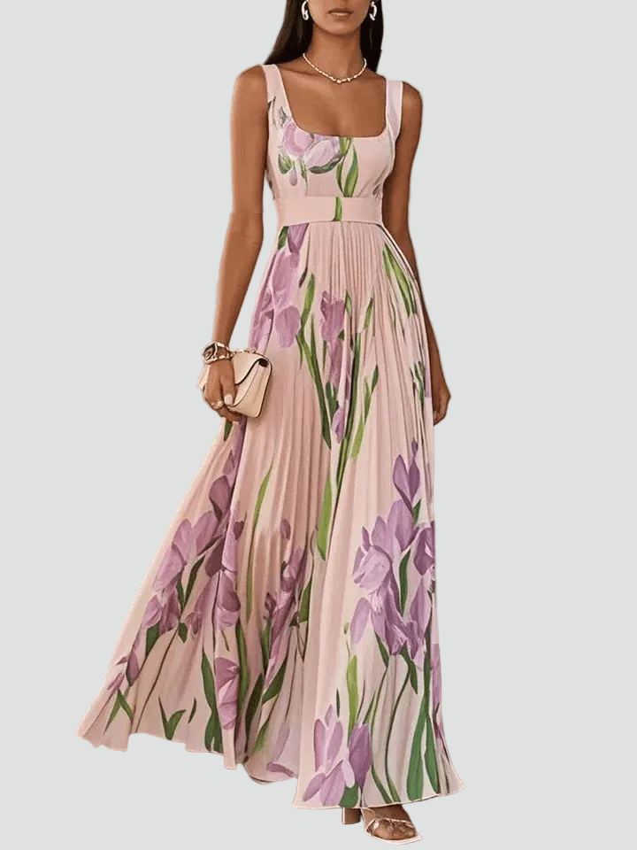 Plisowana sukienka maxi bez rękawów na wesele w kwiaty z dekoltem kwadratowym