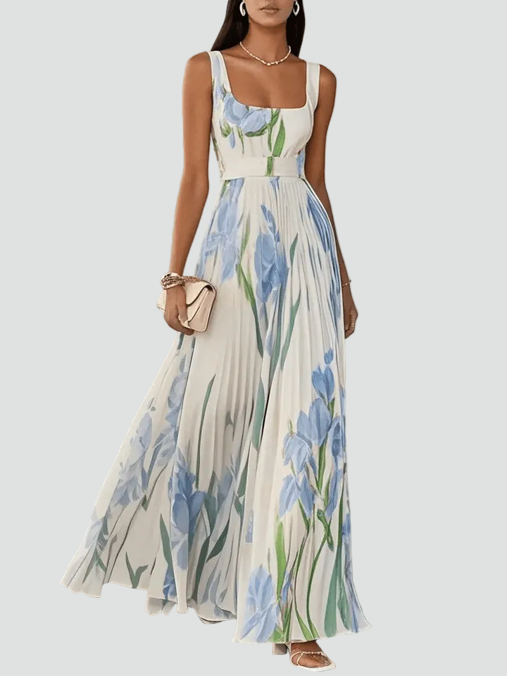 Plisowana sukienka maxi bez rękawów na wesele w kwiaty z dekoltem kwadratowym
