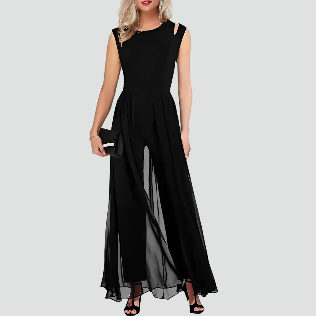 Damski elegancki kombinezon wieczorowy bez rękawów z szerokimi nogawkami