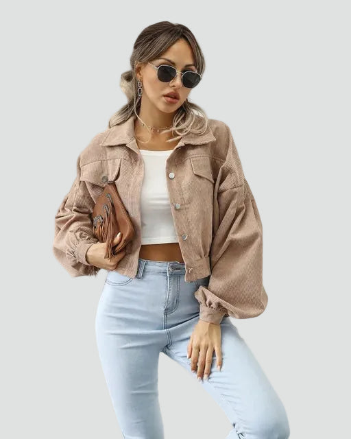 Short women's corduroy jacket with puff sleeves and pockets