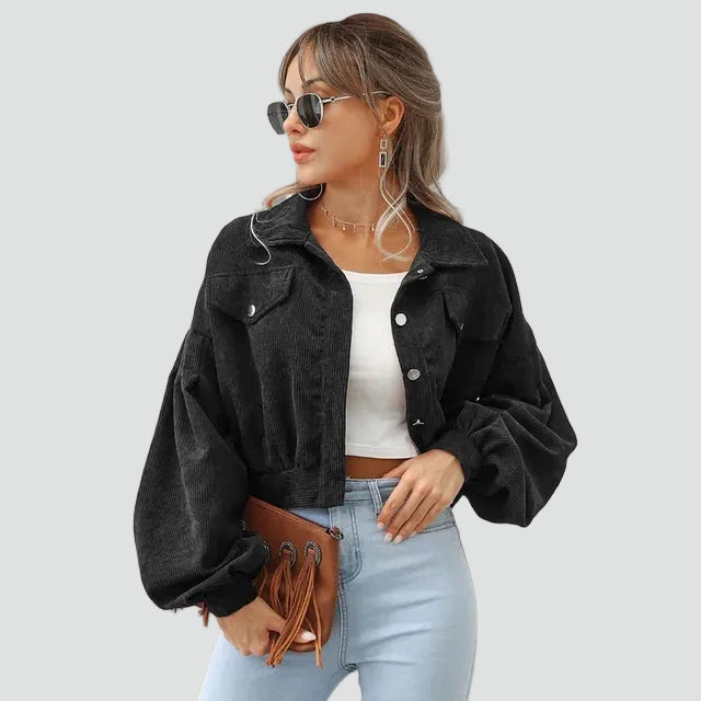 Short women's corduroy jacket with puff sleeves and pockets