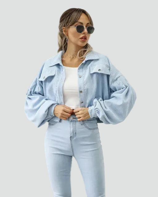 Short women's corduroy jacket with puff sleeves and pockets