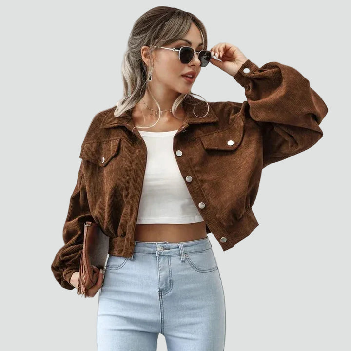 Short women's corduroy jacket with puff sleeves and pockets