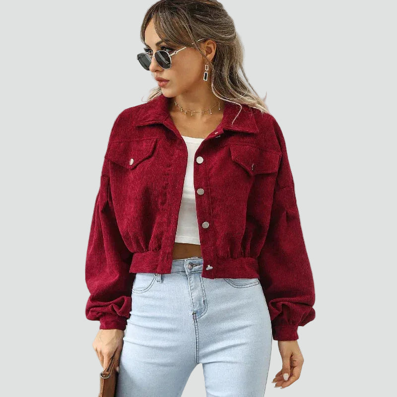 Short women's corduroy jacket with puff sleeves and pockets