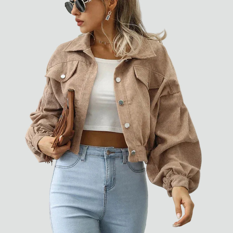 Short women's corduroy jacket with puff sleeves and pockets