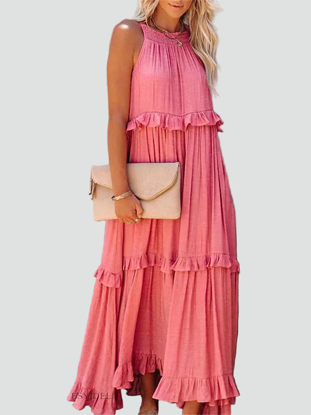 Women's summer maxi dress with ruffles and halter neck