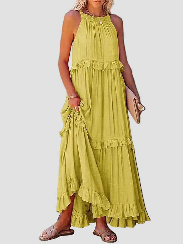Women's summer maxi dress with ruffles and halter neck