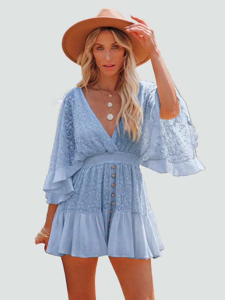 Women's Boho Lace Mini Dress with Buttons for Summer