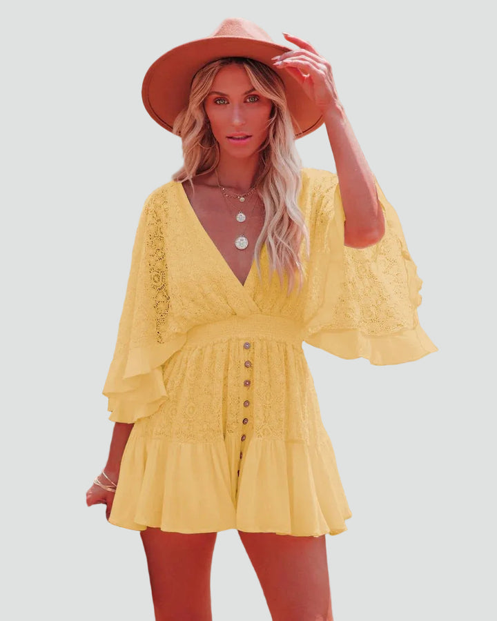 Women's Boho Lace Mini Dress with Buttons for Summer