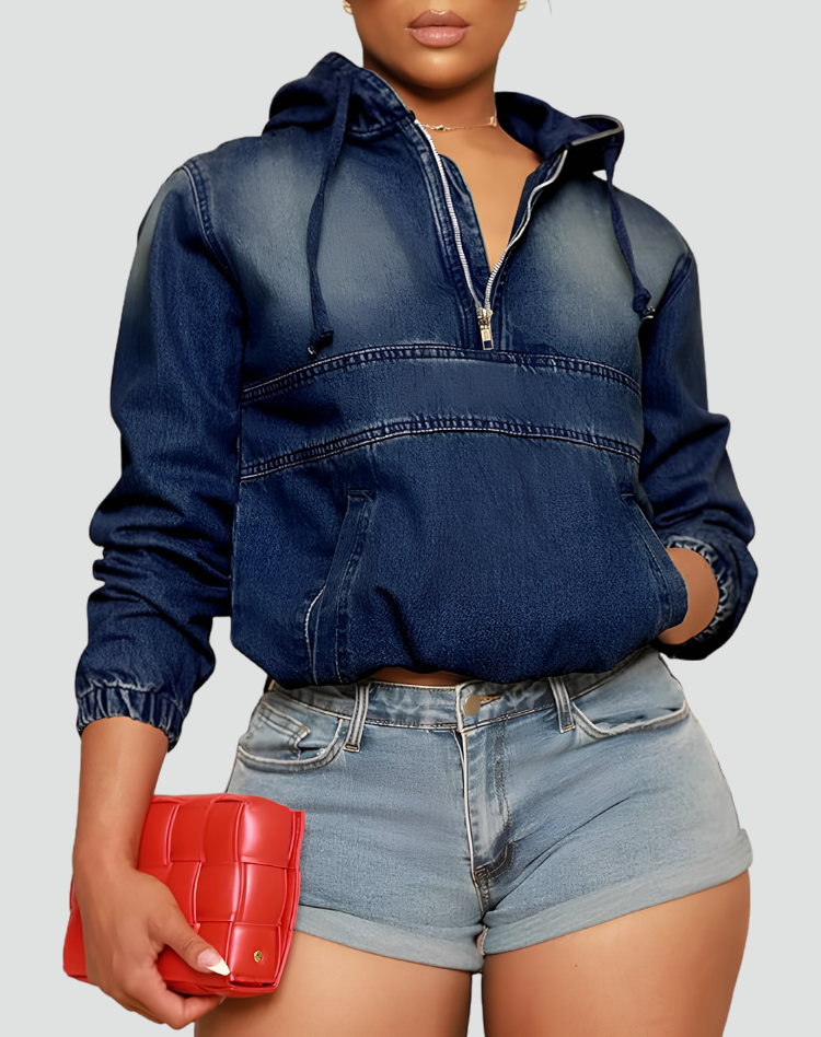 Women's denim hoodie with kangaroo zipper pocket oversize