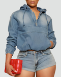 Women's denim hoodie with kangaroo zipper pocket oversize