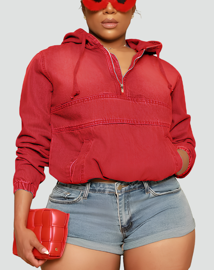 Women's denim hoodie with kangaroo zipper pocket oversize
