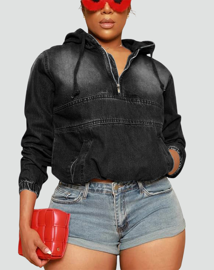 Women's denim hoodie with kangaroo zipper pocket oversize