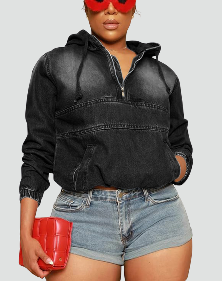 Women's denim hoodie with kangaroo zipper pocket oversize