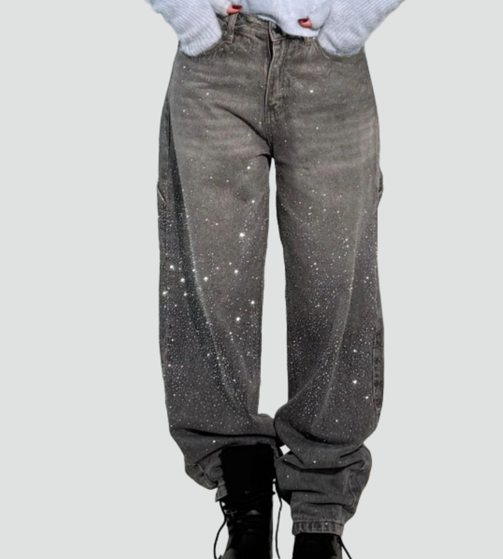 Jeansy z wysokim stanem z brokatowym efektem dla kobiet