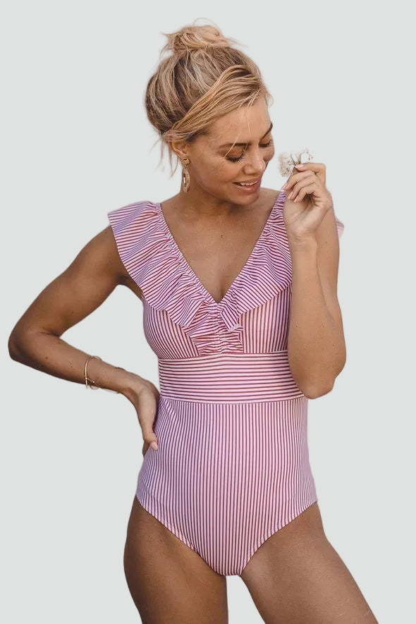 Retro women's one-piece striped swimsuit with ruffles