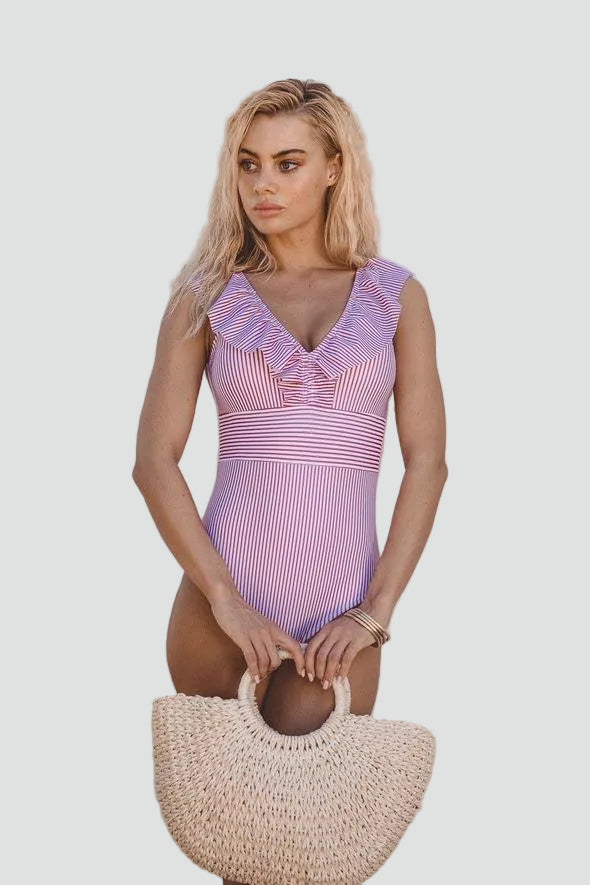 Retro women's one-piece striped swimsuit with ruffles