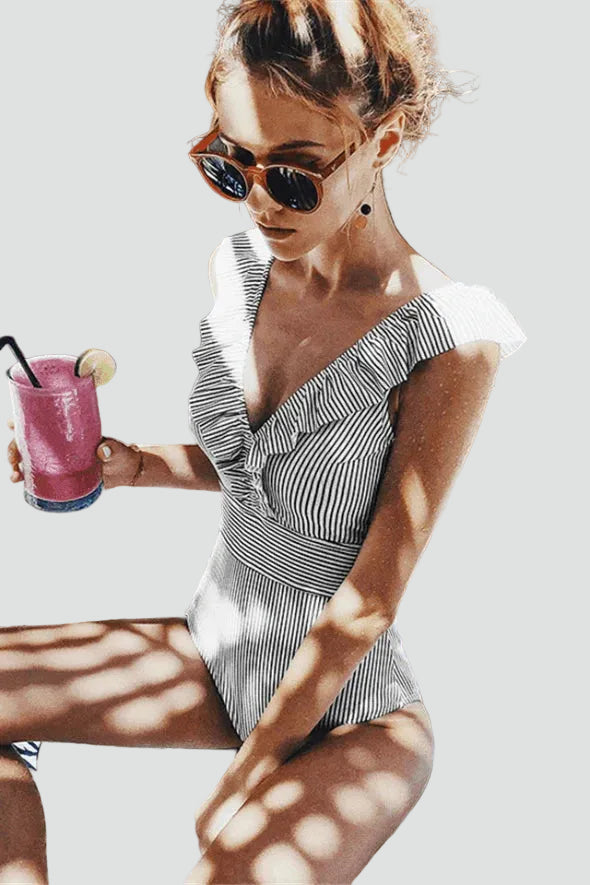 Retro women's one-piece striped swimsuit with ruffles