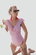 Retro women's one-piece striped swimsuit with ruffles