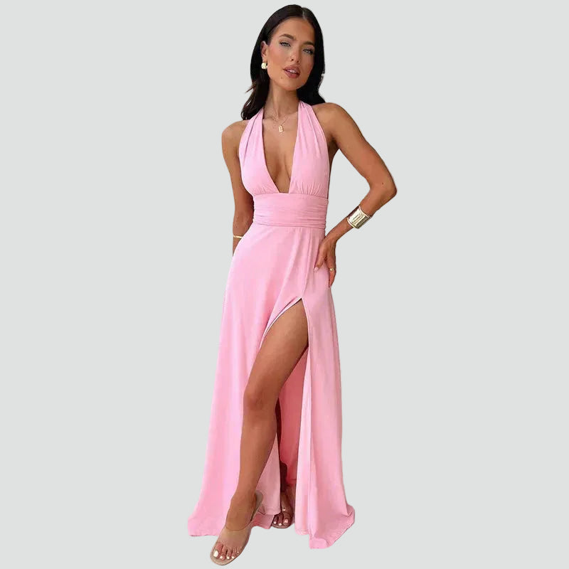 Maxi evening dress halter with deep neckline and slit