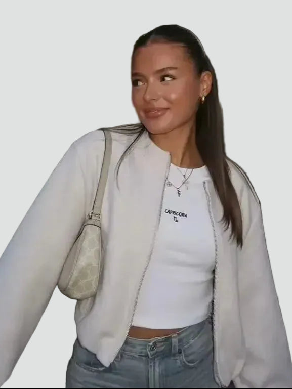 Women's short bomber jacket with zipper and pockets for styling