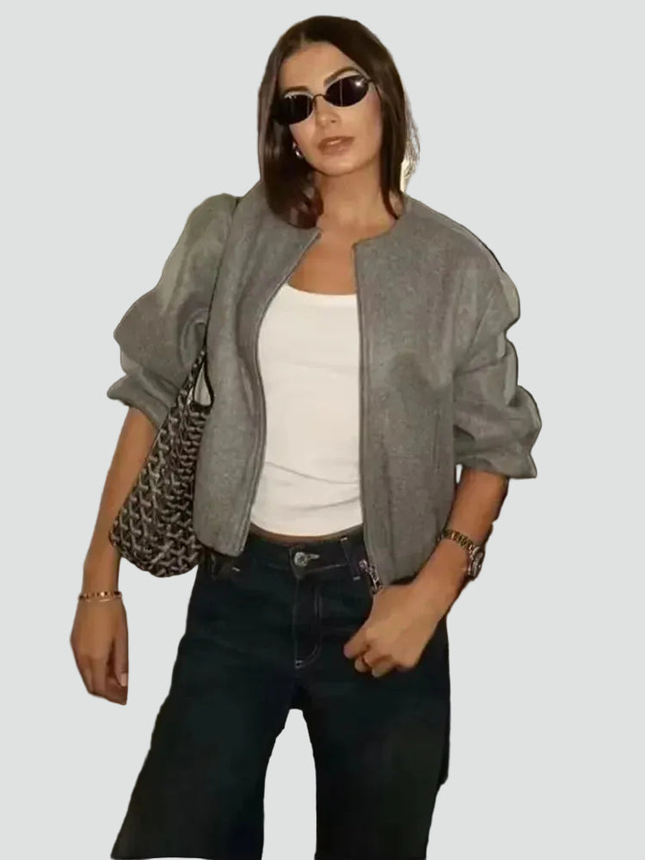 Women's short bomber jacket with zipper and pockets for styling