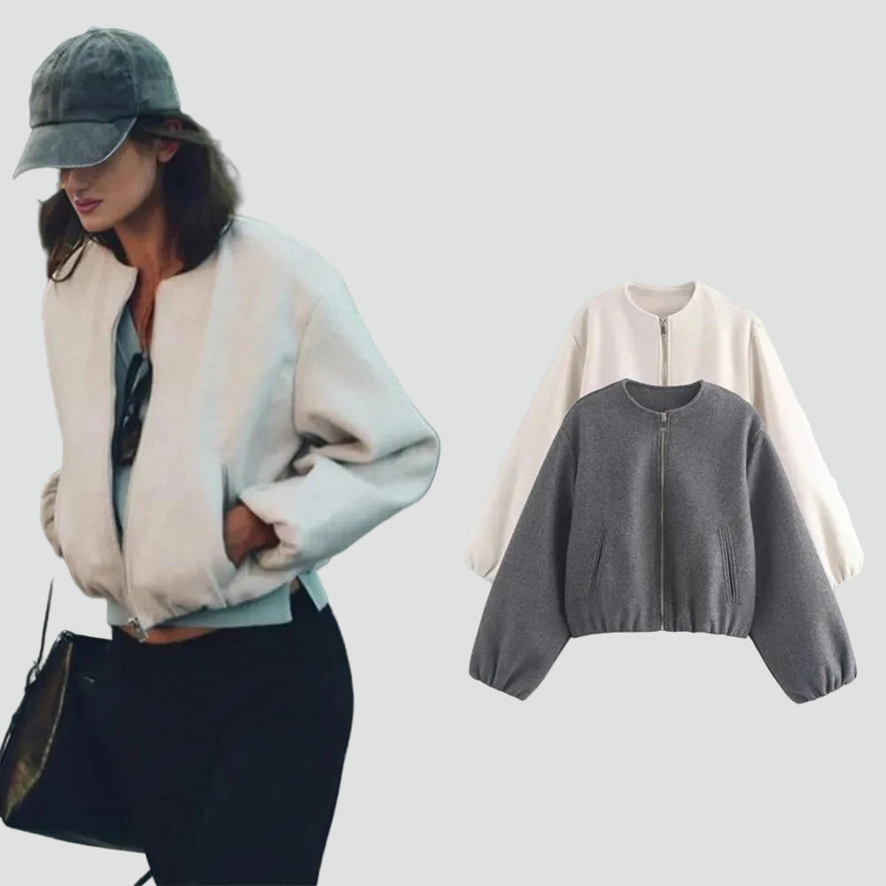 Women's short bomber jacket with zipper and pockets for styling