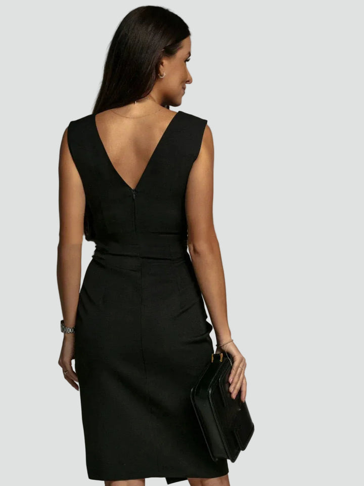 Draped women's occasion dress with slit and wrap neckline