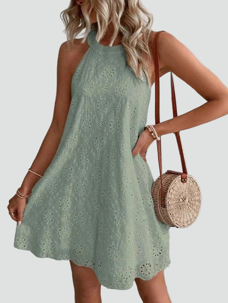 Women's mini lace dress with English embroidery, halter style