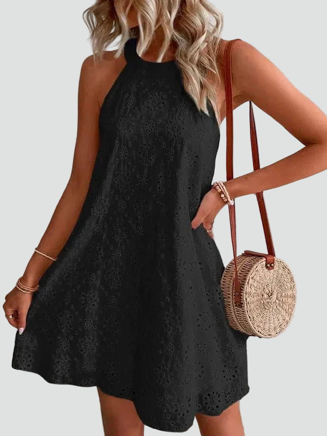 Women's mini lace dress with English embroidery, halter style