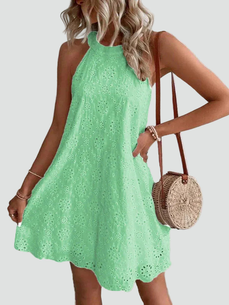 Women's mini lace dress with English embroidery, halter style