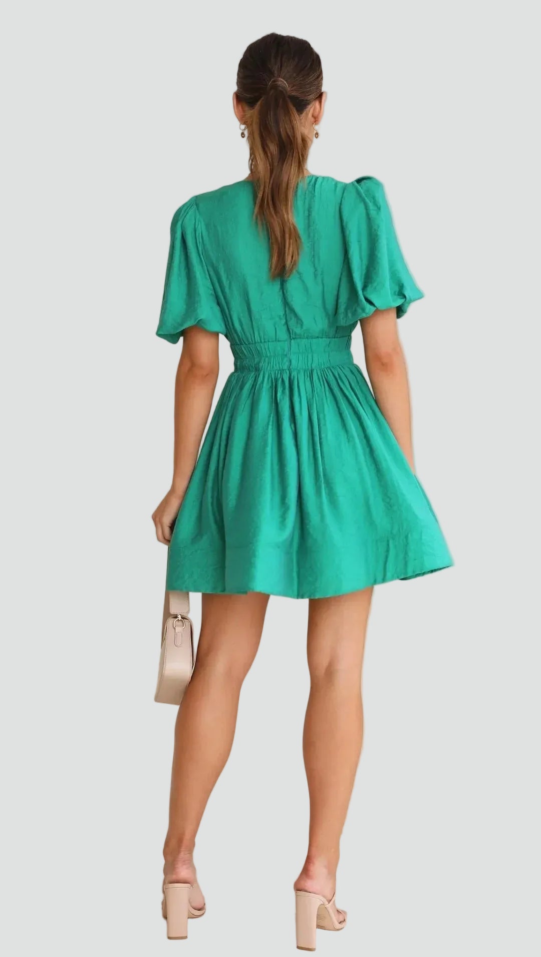 Flared mini dress for women with puff sleeves and V-neckline