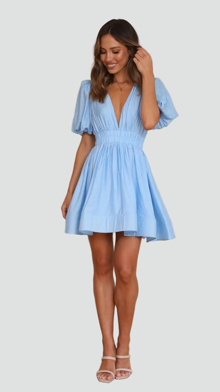 Flared mini dress for women with puff sleeves and V-neckline