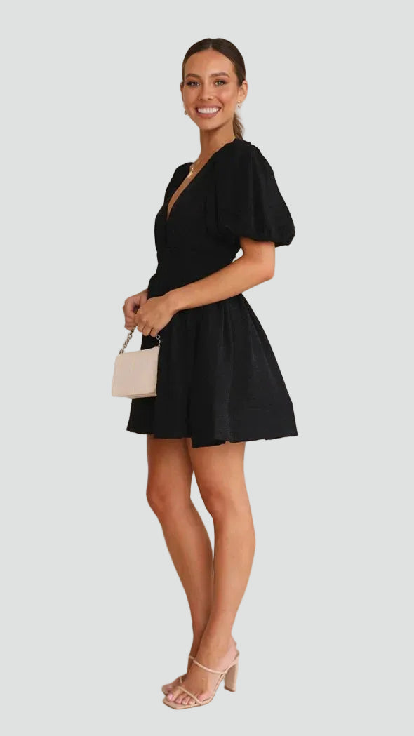 Flared mini dress for women with puff sleeves and V-neckline