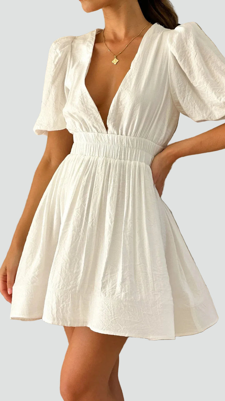 Flared mini dress for women with puff sleeves and V-neckline