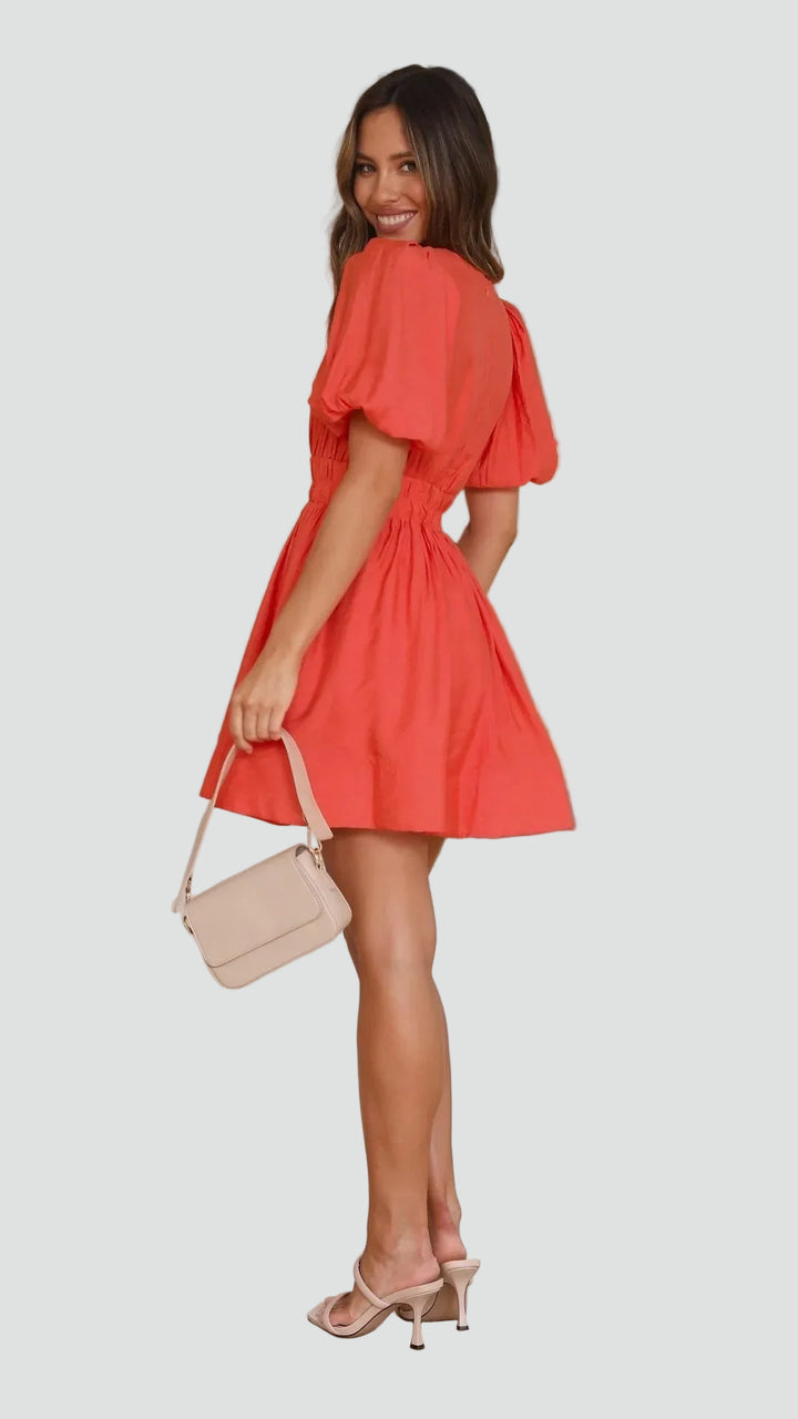 Flared mini dress for women with puff sleeves and V-neckline