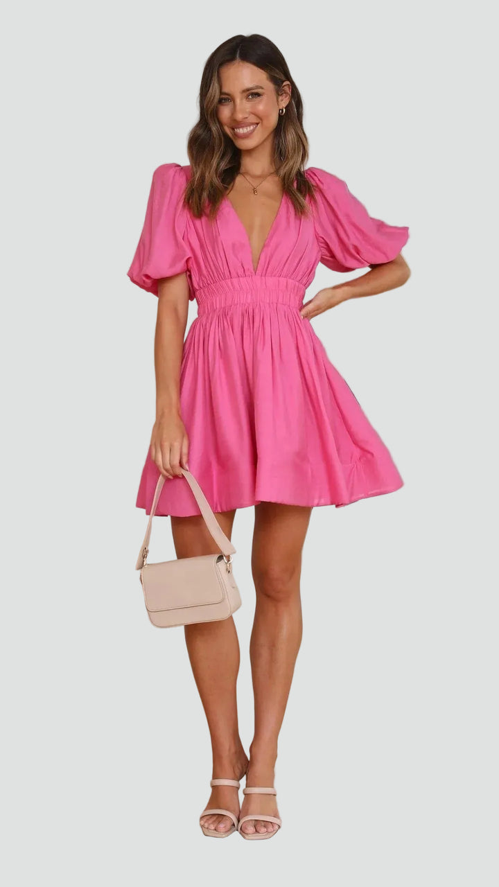 Flared mini dress for women with puff sleeves and V-neckline