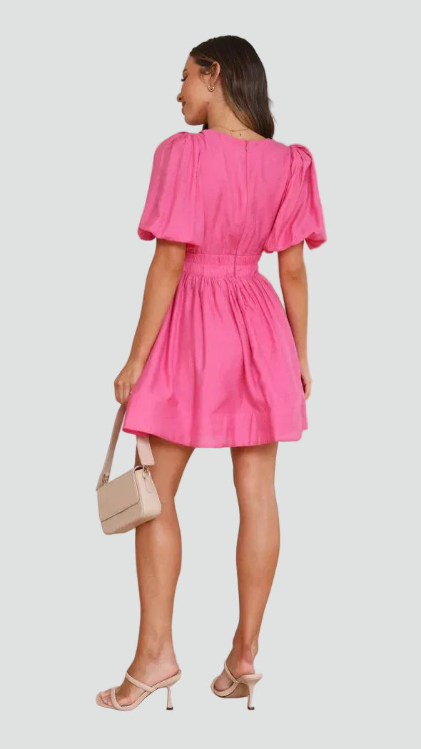 Flared mini dress for women with puff sleeves and V-neckline