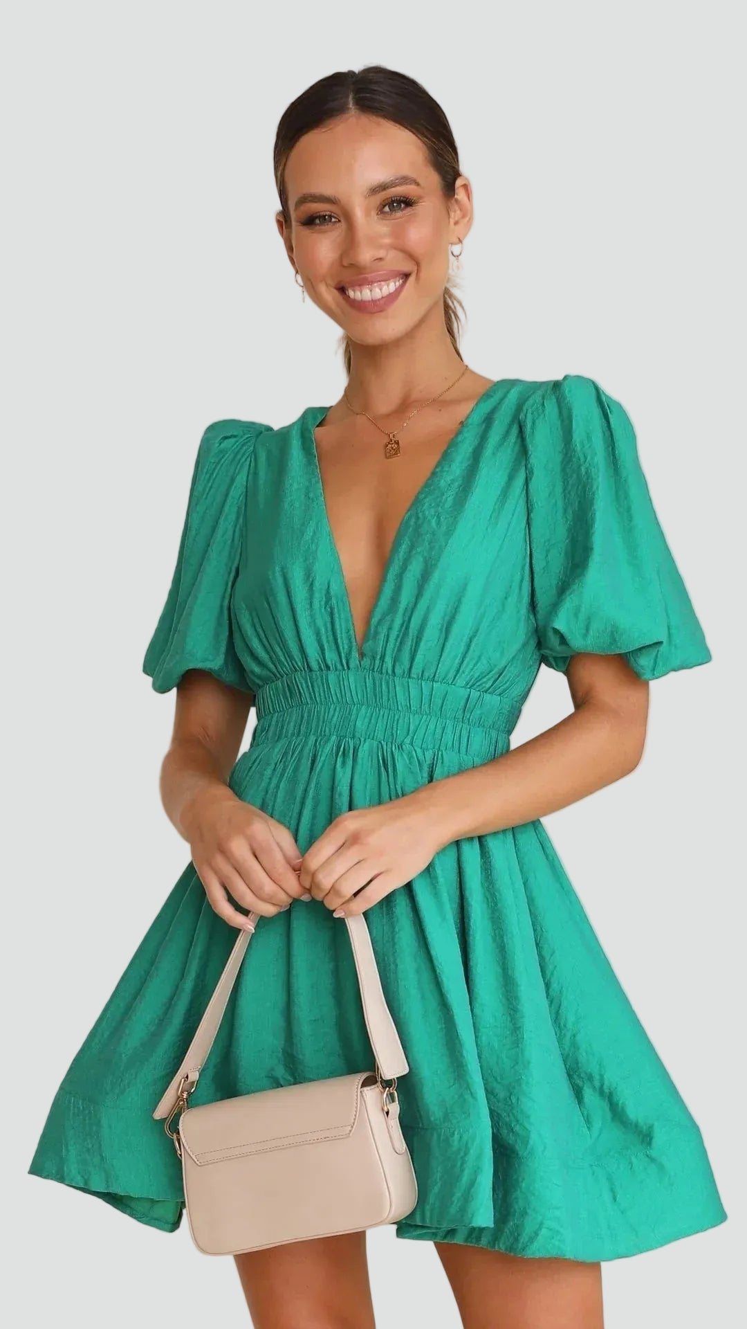 Flared mini dress for women with puff sleeves and V-neckline